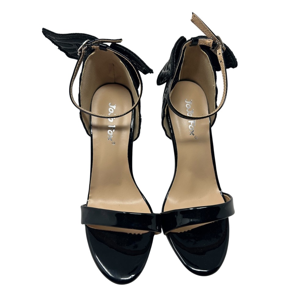 Jojo Fox Black Patent Butterfly Wing Stiletto Sandals Ankle Strap Heels Womens